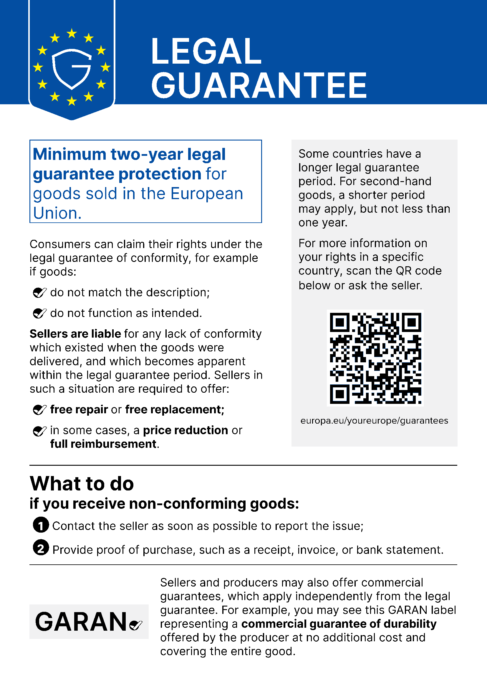 Harmonised notice on the legal guarantee of conformity
